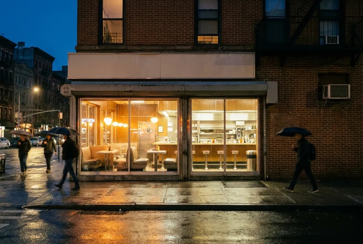 A New York City diner storefront glowing with warm light on a quiet East Village street at night.