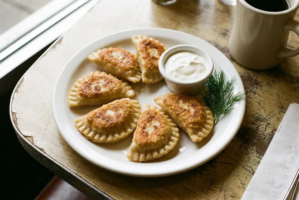 A plate of golden fried pierogi with sour cream on a classic diner table.