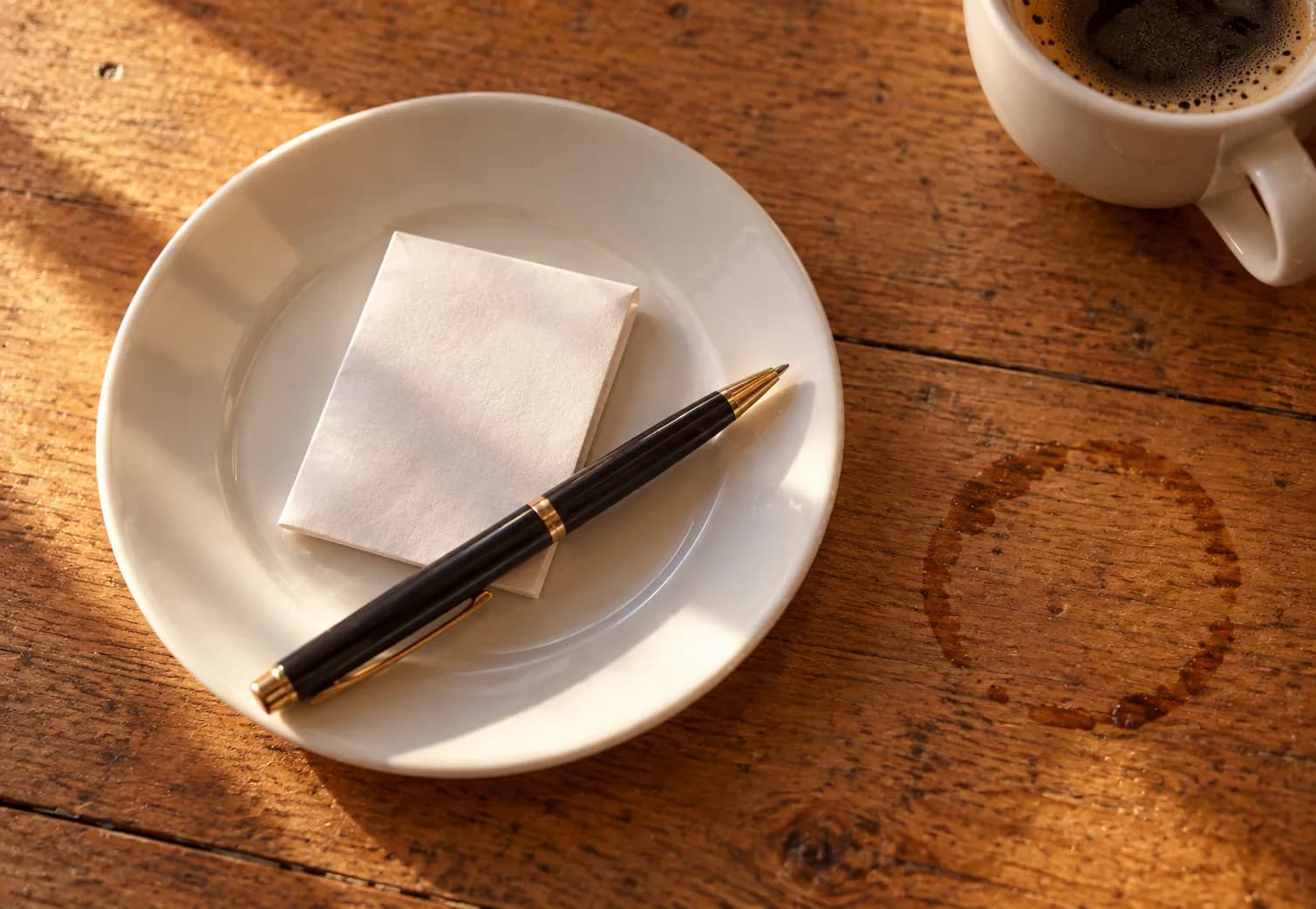 A handwritten bill on a saucer with no tip line