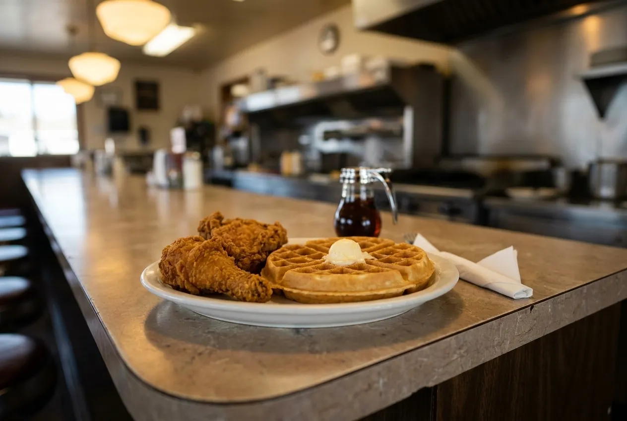 A plate of fried chicken and waffles on a diner counter