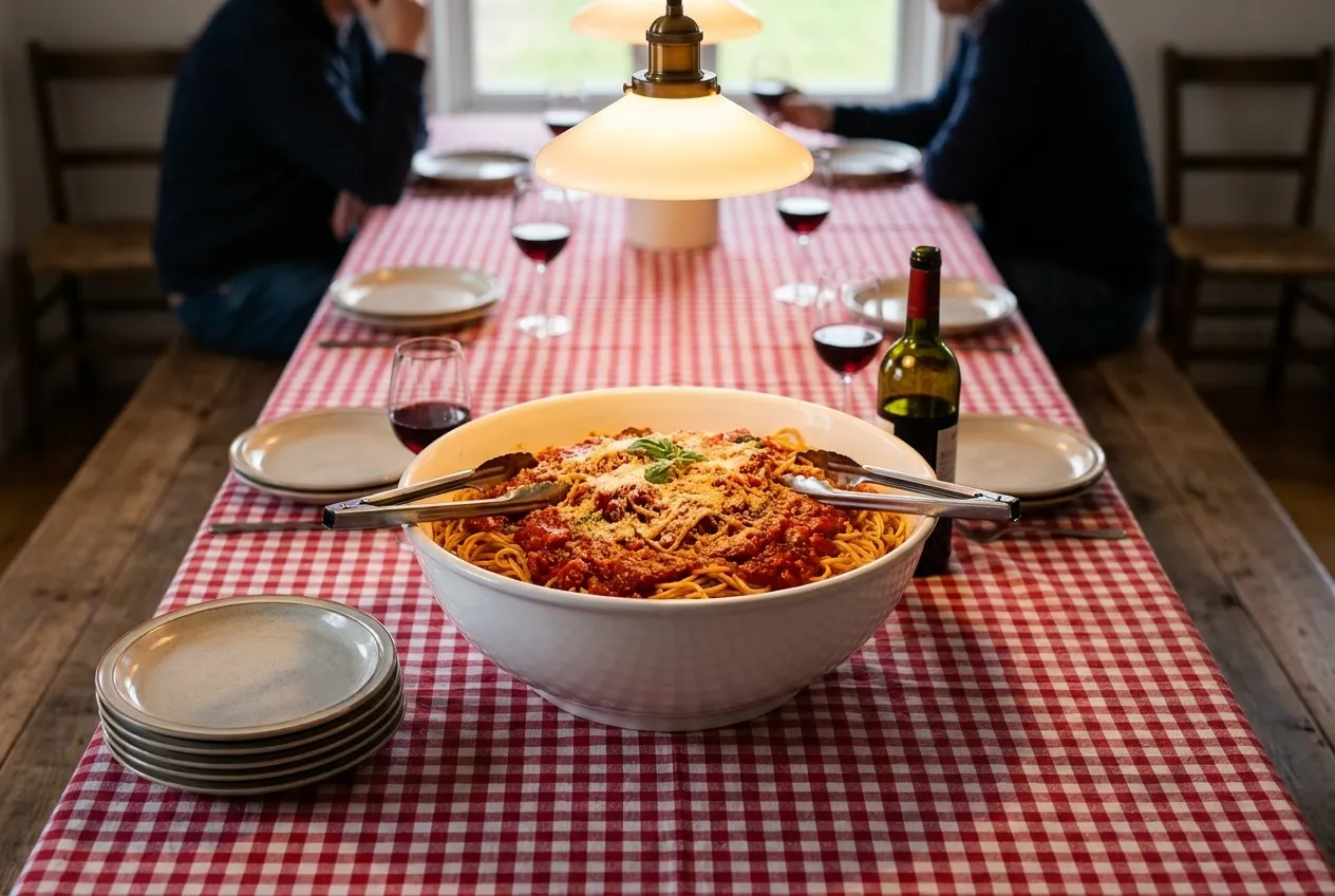 A large family-style bowl of pasta being served at a long table