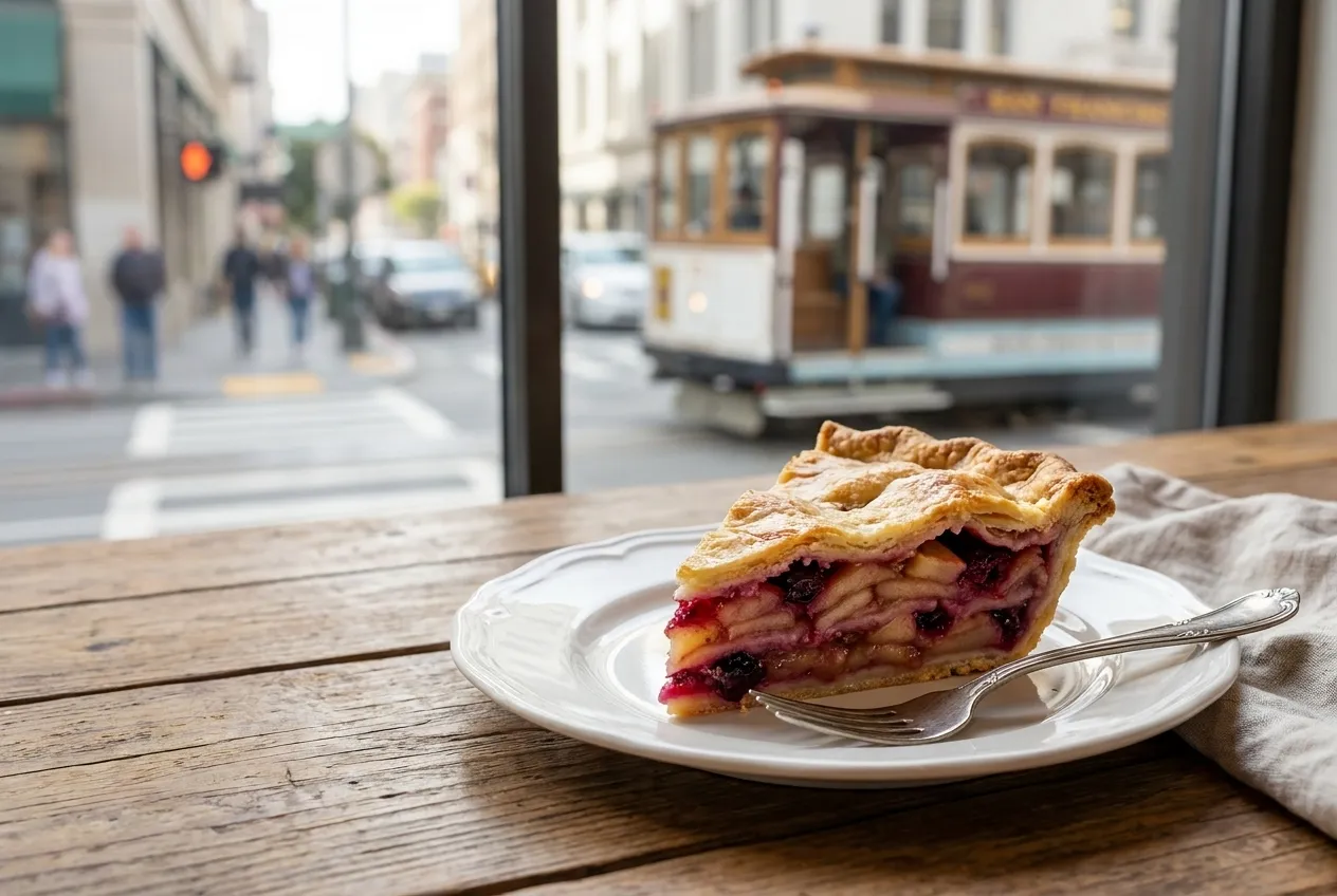 A slice of layered fruit pie on a plate beside a fork on a bakery counter