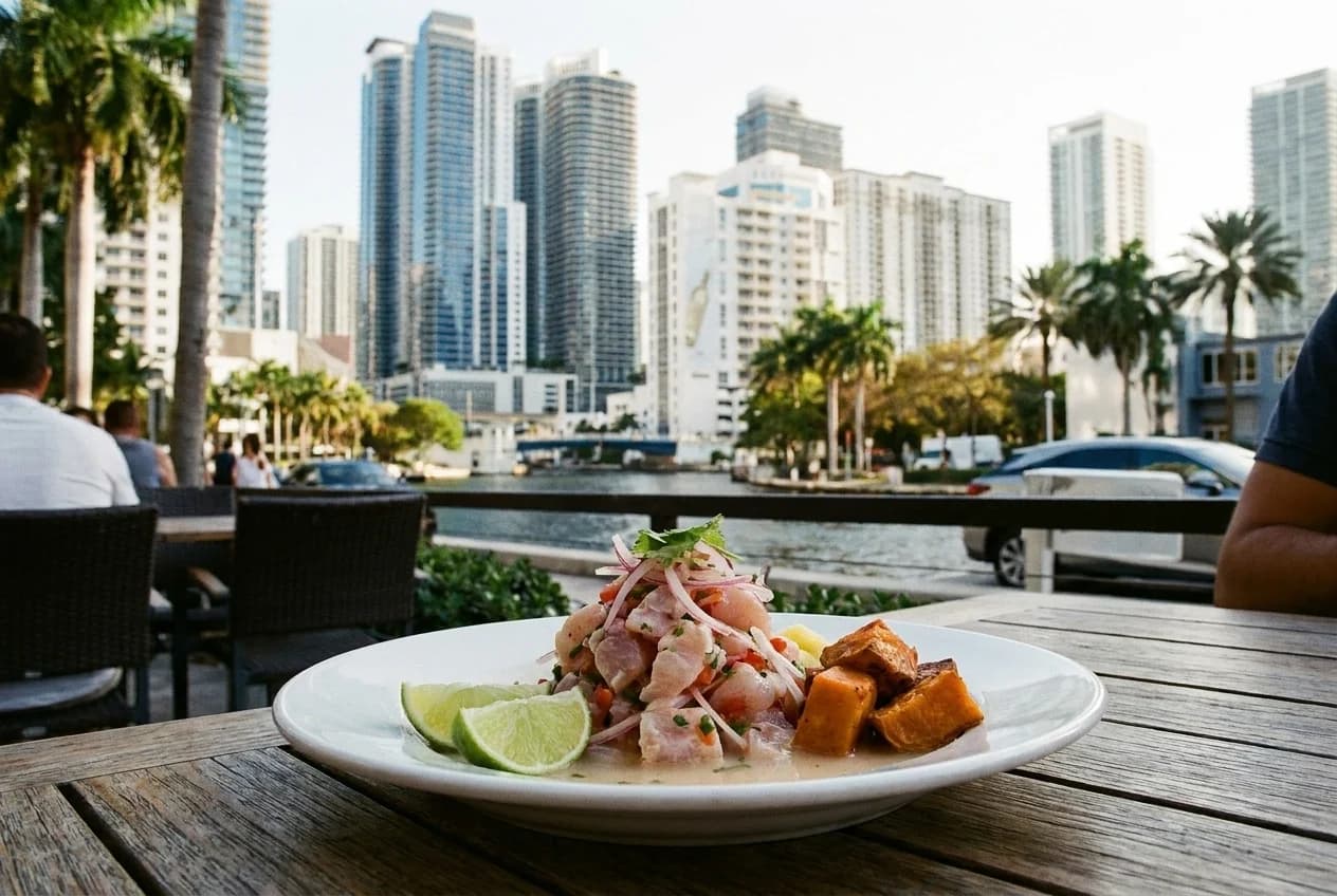 Ceviche plate on outdoor terrace table overlooking Miami River in Brickell
