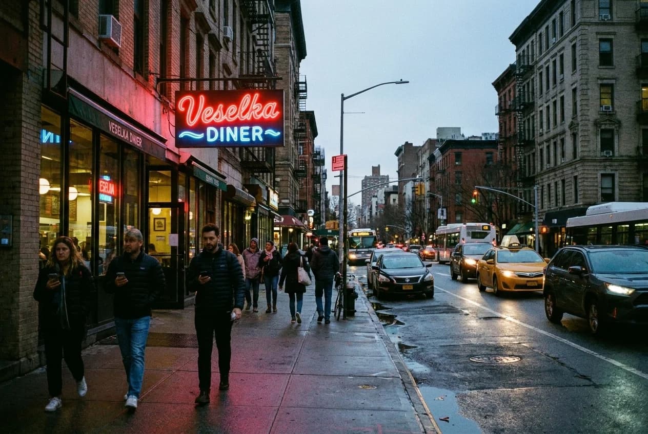 Veselka diner neon sign on Second Avenue in East Village at dusk