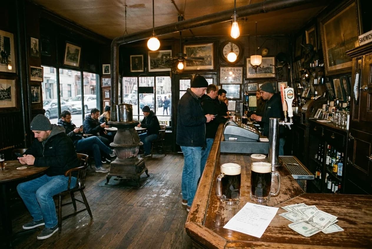 Cash and handwritten bill on wooden bar at McSorley's Old Ale House in East Village