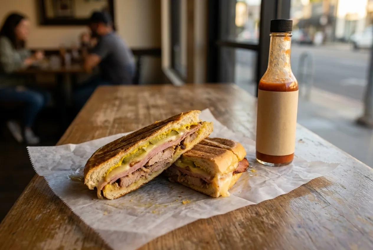 A pressed sandwich cut in half on wax paper beside a bottle of hot sauce