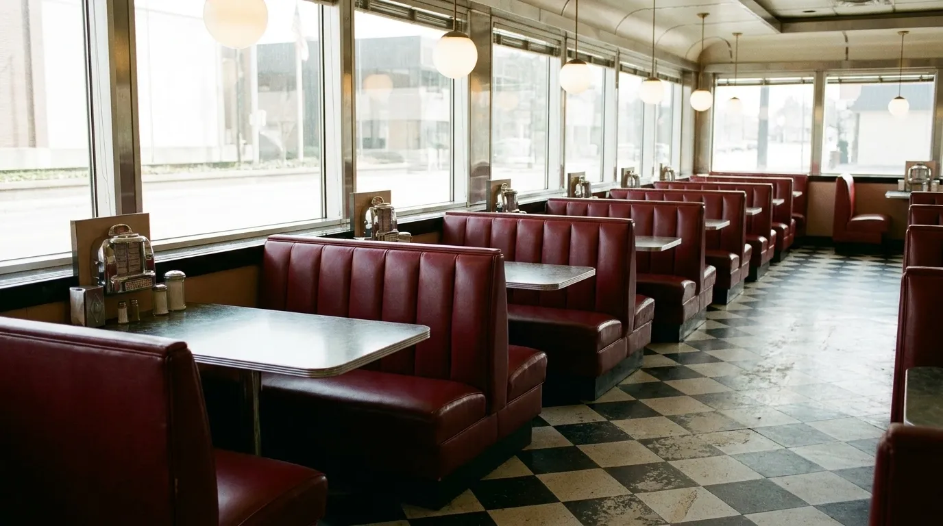 A dining room of red vinyl booths along a window wall with pendant lights and tiled floor