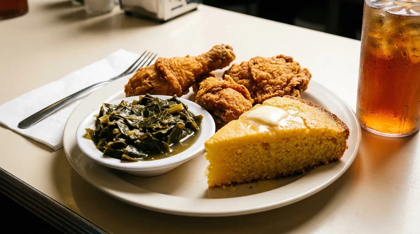 A counter seat with a plate of fried chicken, greens and cornbread beside a paper napkin