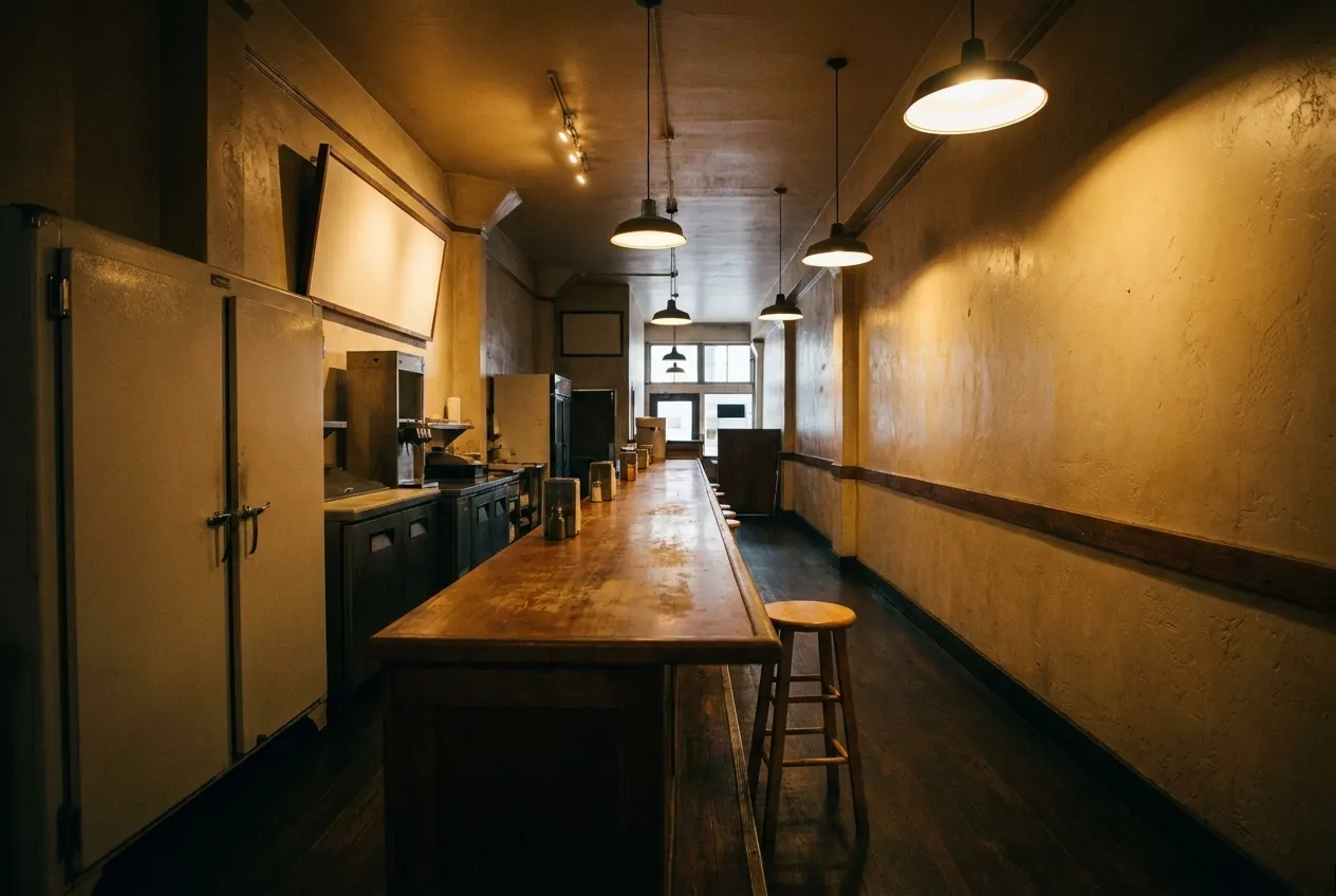 A single empty stool at a narrow restaurant counter with warm overhead light