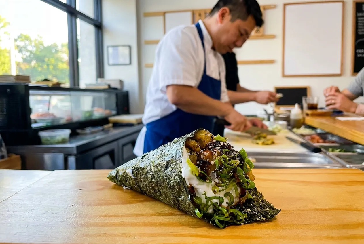 A hand-rolled piece of sushi resting on a wooden counter in front of a chef's station