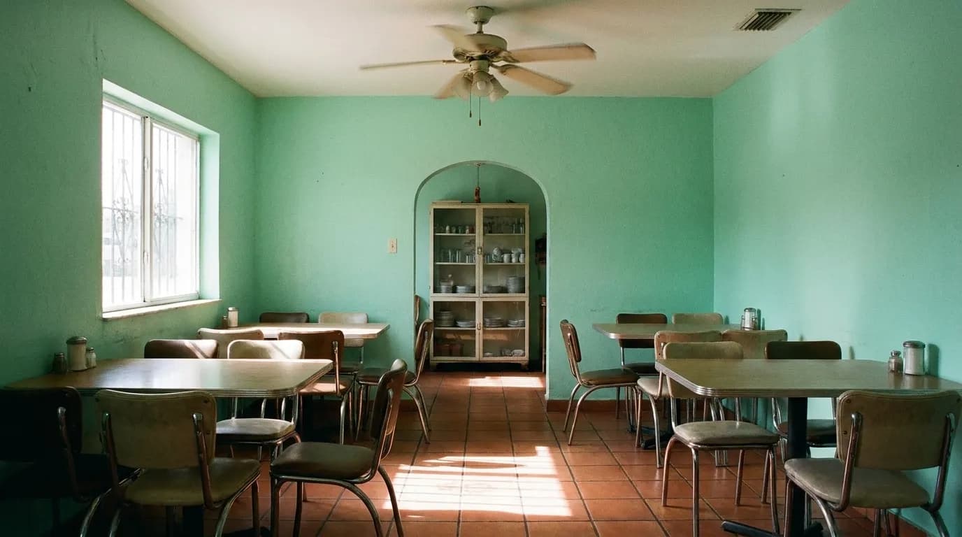 A narrow dining room with mint-green walls, six laminate tables and a ceiling fan turning
