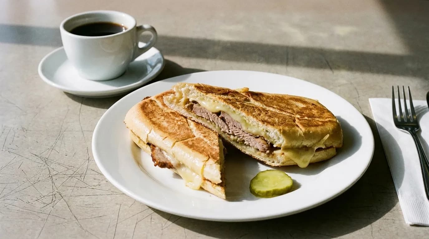 A pressed sandwich cut on the diagonal on a plate beside a small cup of dark coffee