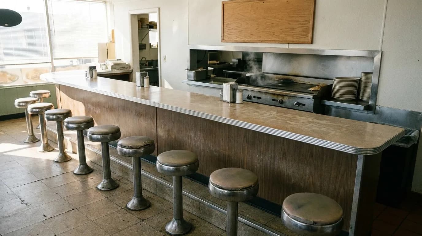 A narrow lunch counter with worn stools and a hand-lettered board above the pass, steam rising from a griddle behind the counter