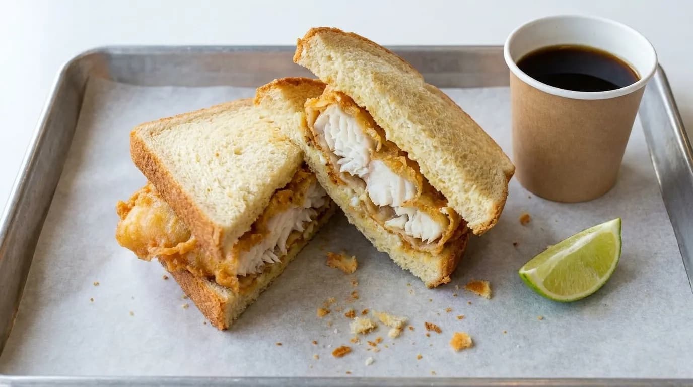 A fried fish sandwich on a lightly toasted roll, cut in half on a paper-lined tray with a wedge of lime and a paper cup of coffee beside it