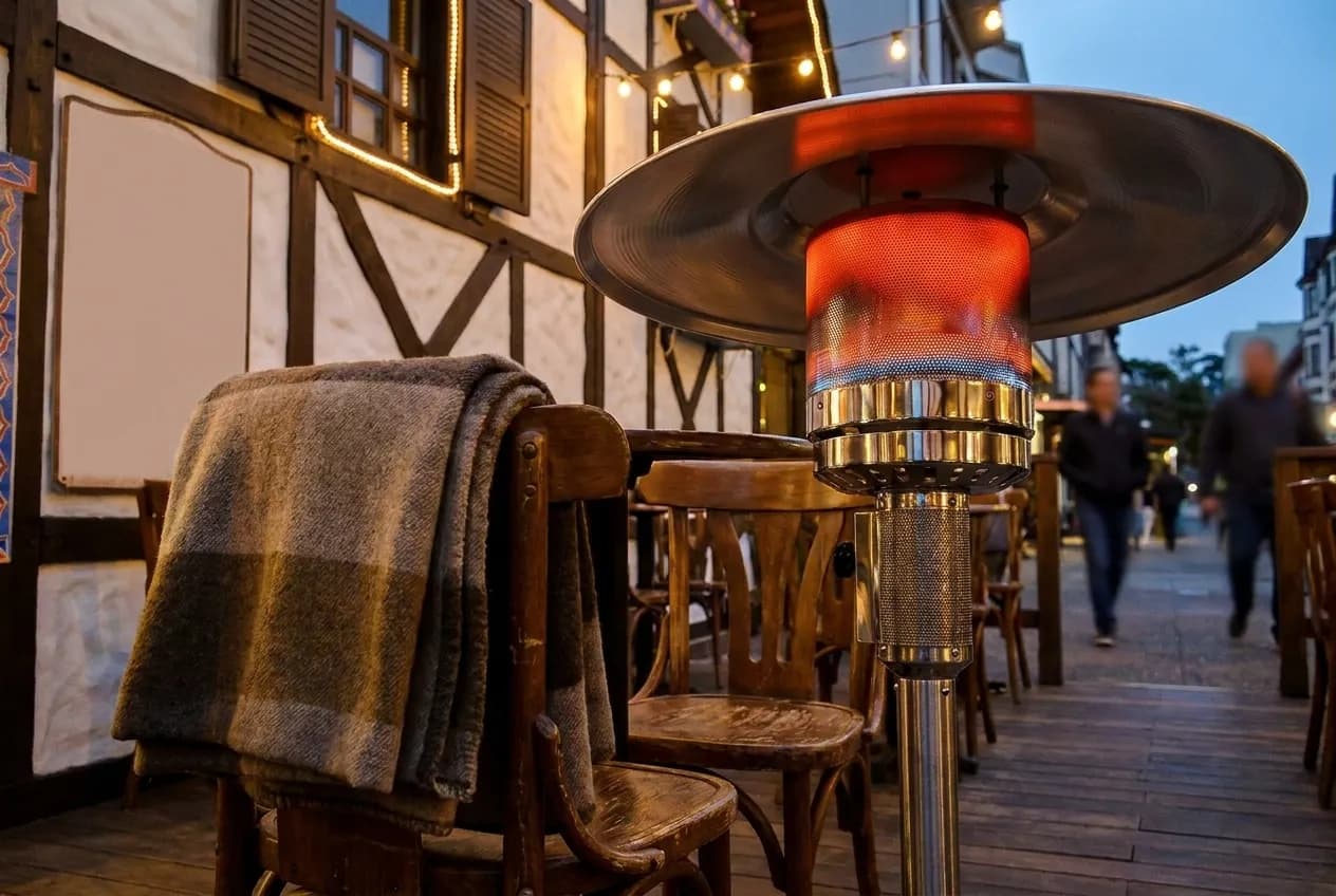 An outdoor heater and blanket draped over a chair on a wooden restaurant deck at dusk