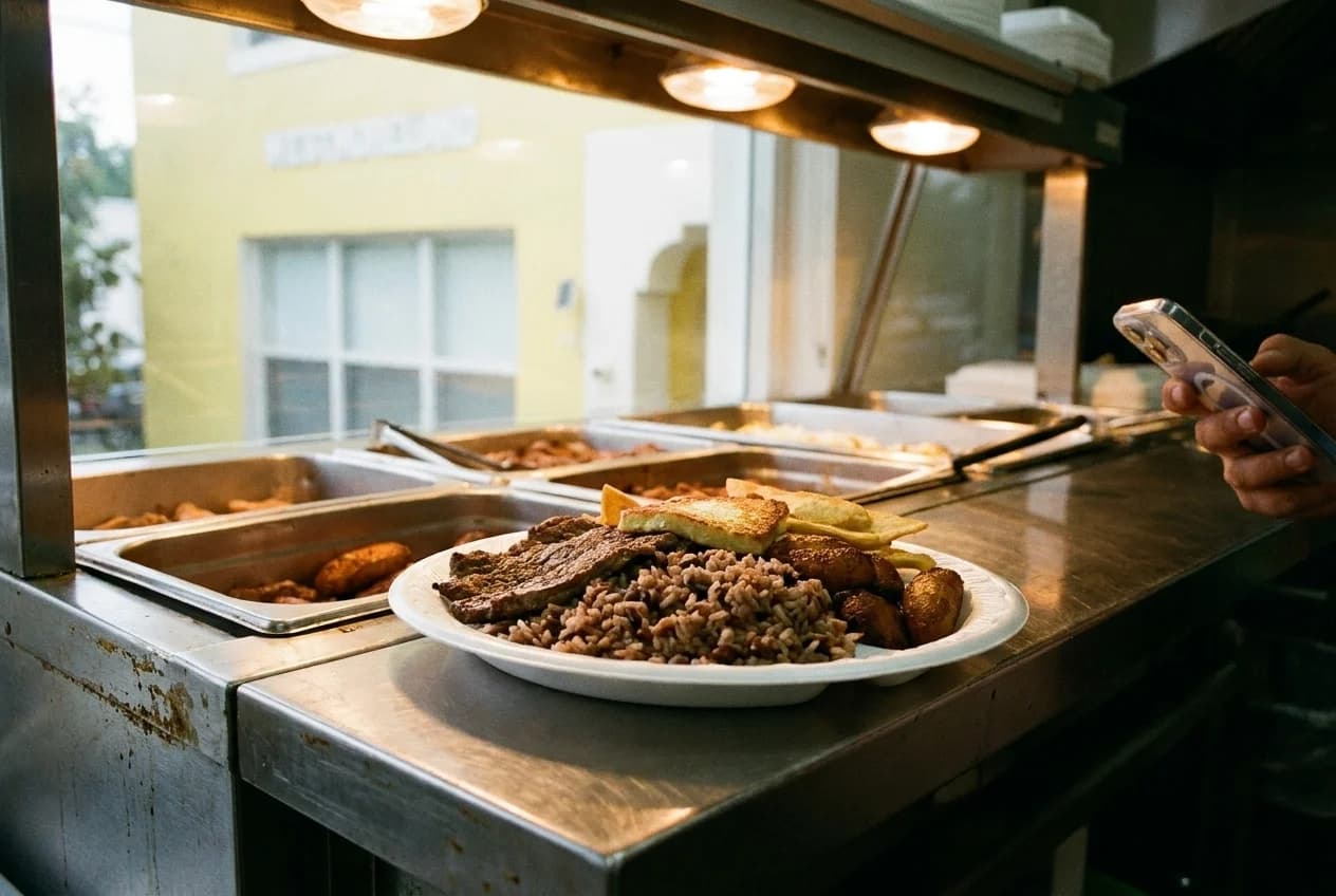 Styrofoam plate with rice and beans, grilled beef, fried cheese, sweet plantains, and fried plantain slices at fritanga