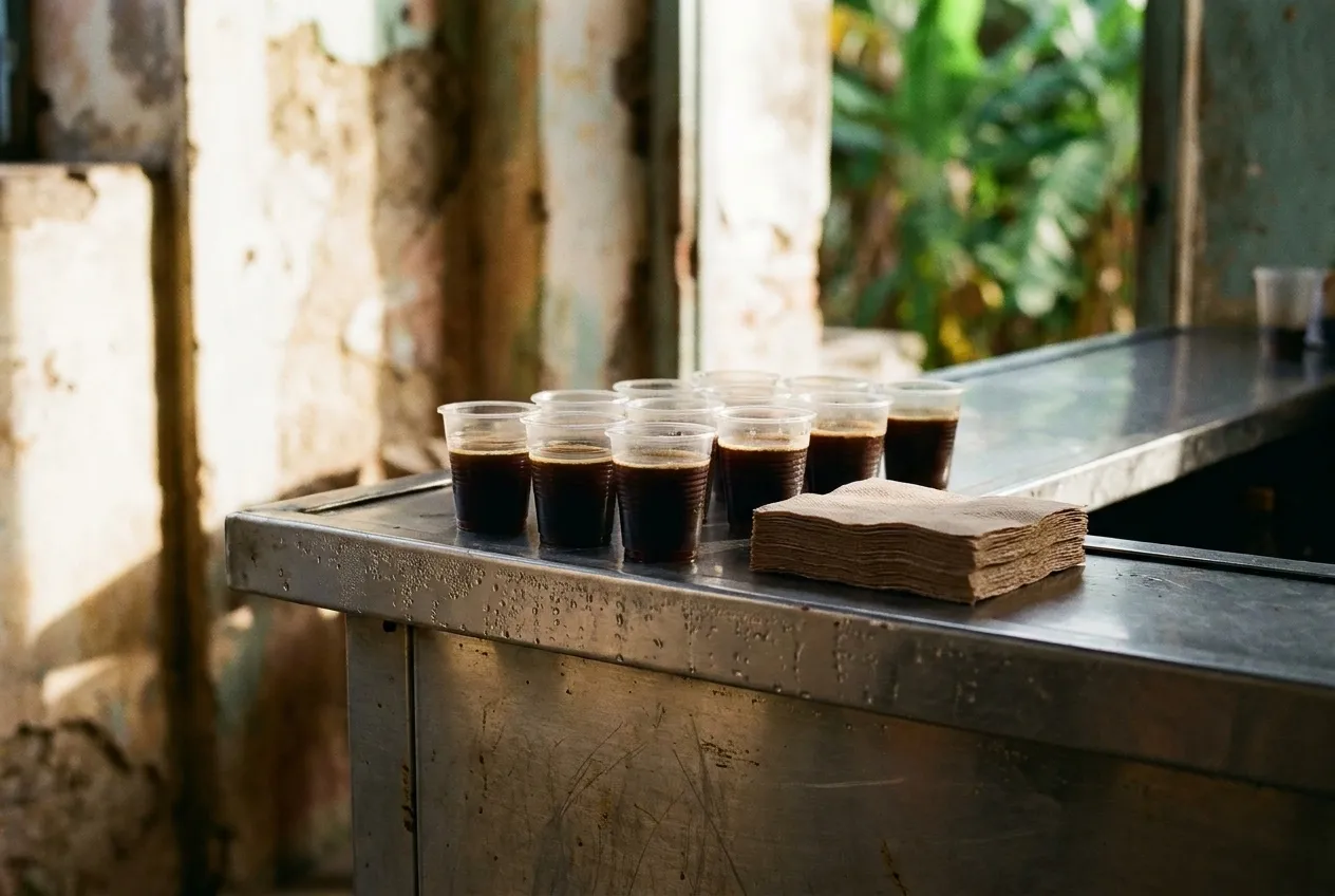 A row of tiny plastic cups of dark Cuban coffee on a stainless counter ledge, condensation on the steel and a stack of napkins beside them