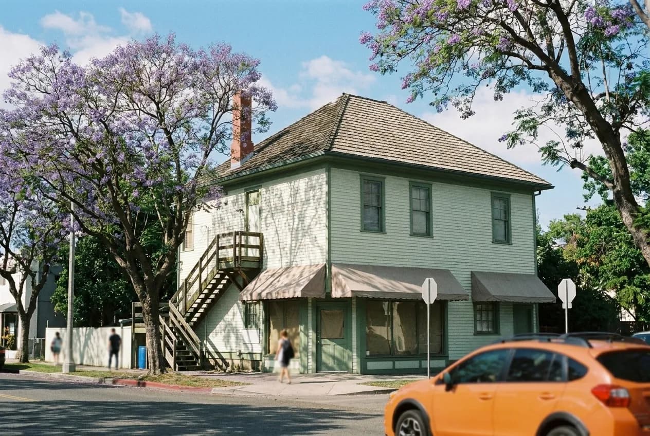 A leafy avenue of low storefronts with awnings and jacaranda trees in Los Angeles