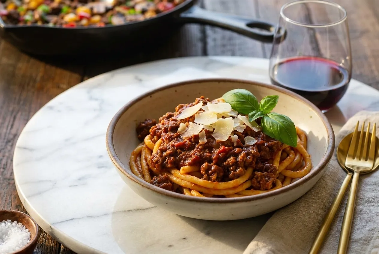 A bowl of pasta with a rich sauce on a marble table beside a glass of red wine