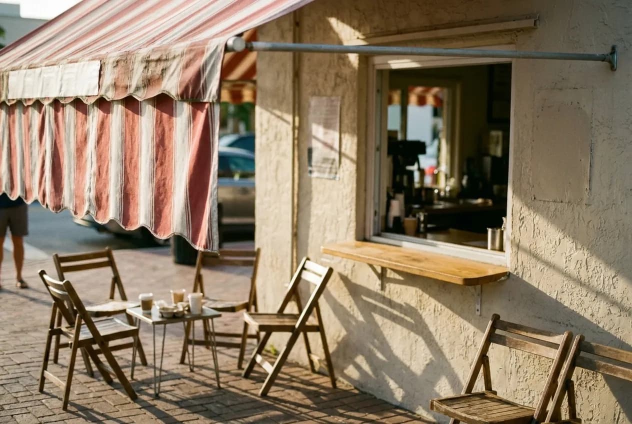 A shaded pavement under a striped canvas awning on a Little Havana block, folding chairs at a low table and a coffee window cut into the wall