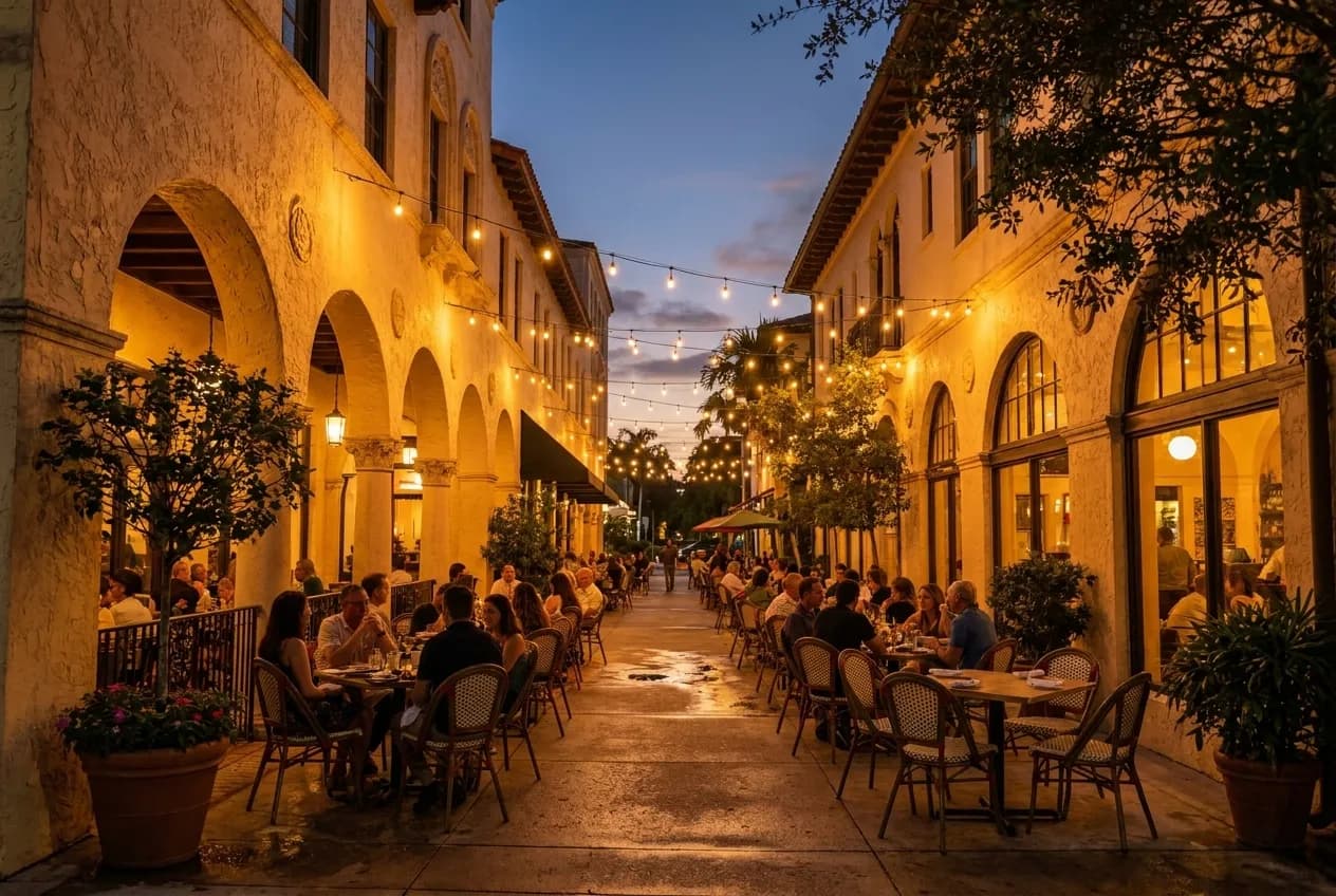 Giralda Avenue pedestrian corridor in Coral Gables at evening, with Spanish-style arches, sidewalk café tables and warm light spilling across stucco facades.