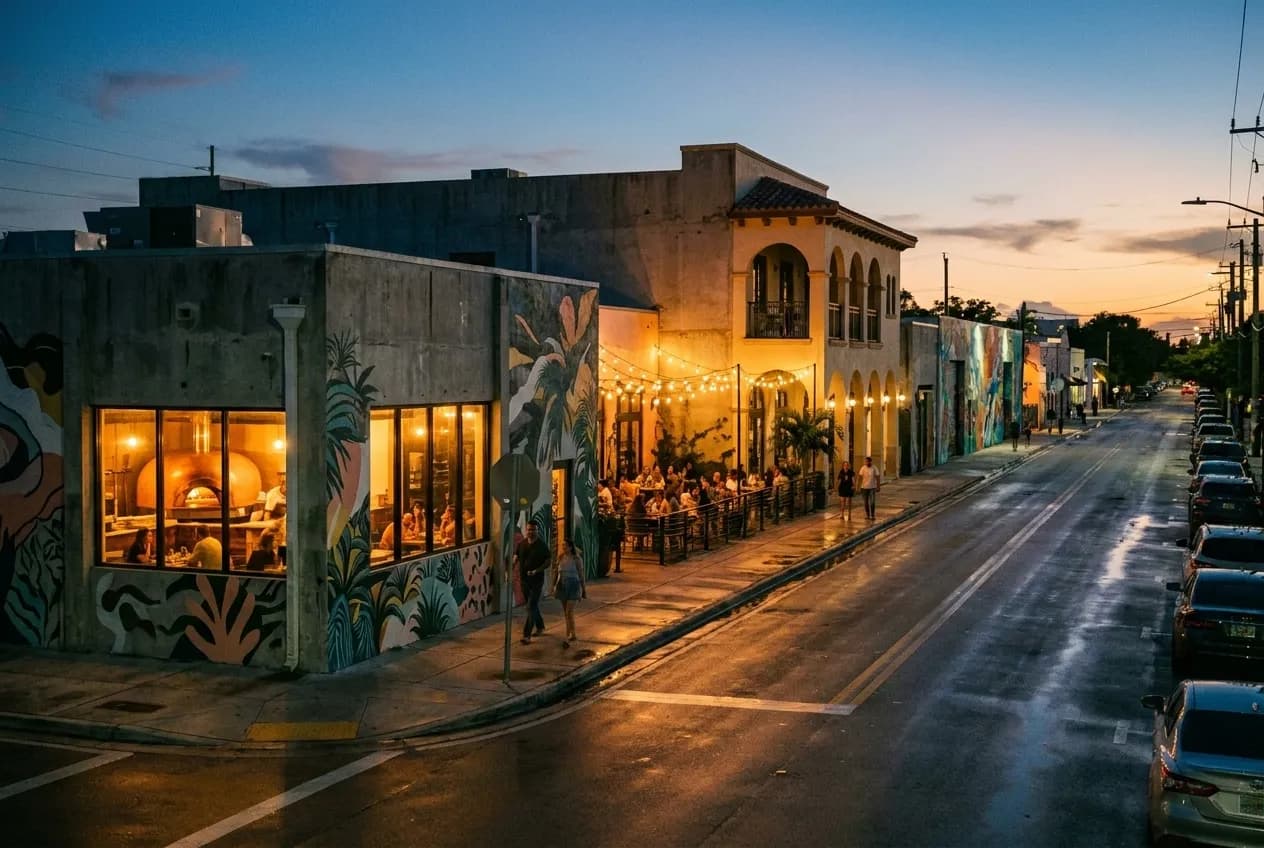 Little River warehouse storefronts repurposed into glowing dining rooms along NE 2nd Avenue at dusk, with string lights and murals visible on concrete facades.