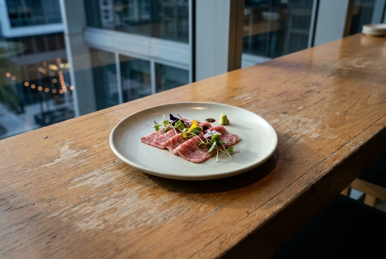 Close view of precision-plated wagyu course with seasonal garnishes on minimalist ceramic against a pale wood counter in soft restaurant lighting