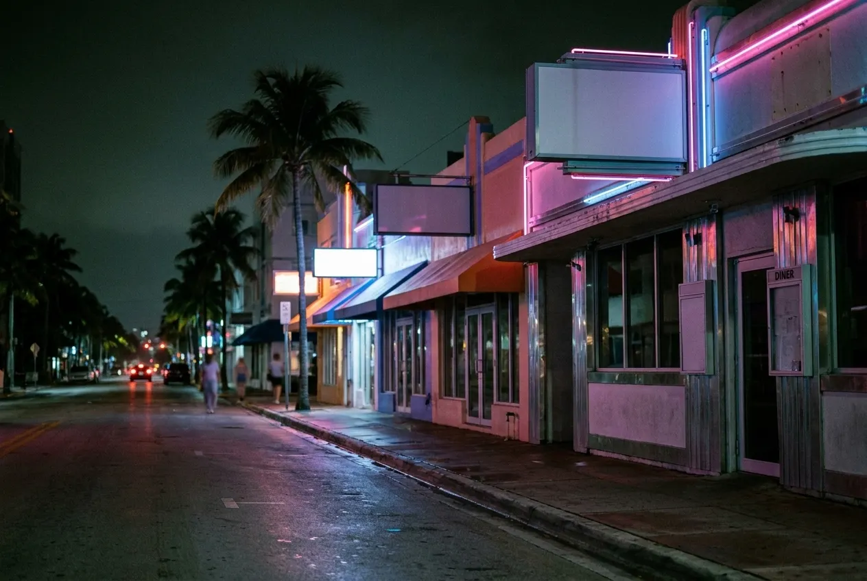 A Miami commercial street after midnight, coloured light spilling across damp asphalt and a row of low awnings receding into the dark