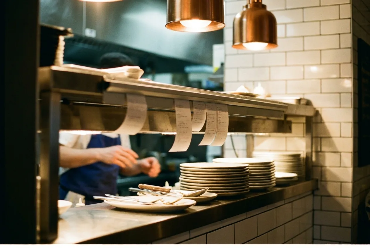 A stainless steel kitchen pass under warm service lamps late in a shift, clean plates stacked and one ticket rail still holding paper