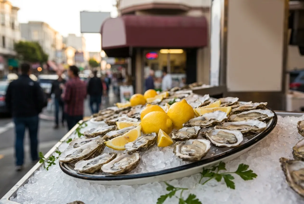 A counter display of oysters on crushed ice with lemon wedges