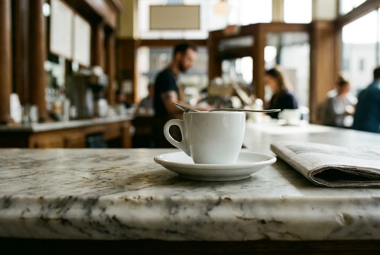 A small white espresso cup and saucer on a worn marble bar top, a spoon resting on the rim and the edge of a newspaper beside it