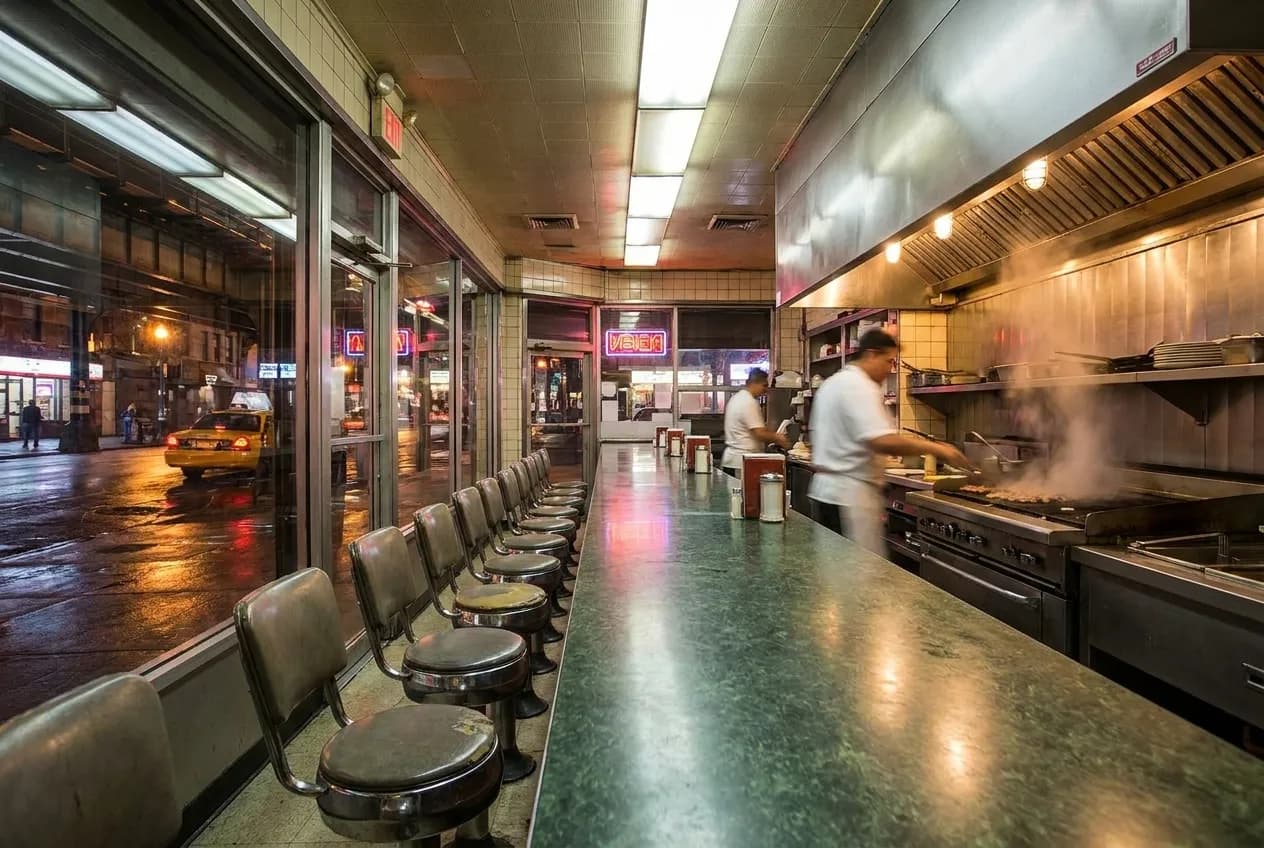 Long counter facing an open kitchen inside a brightly lit Gramercy diner, vinyl stools lined up and fluorescent glow reflecting off clean laminate counters in the middle of the night.