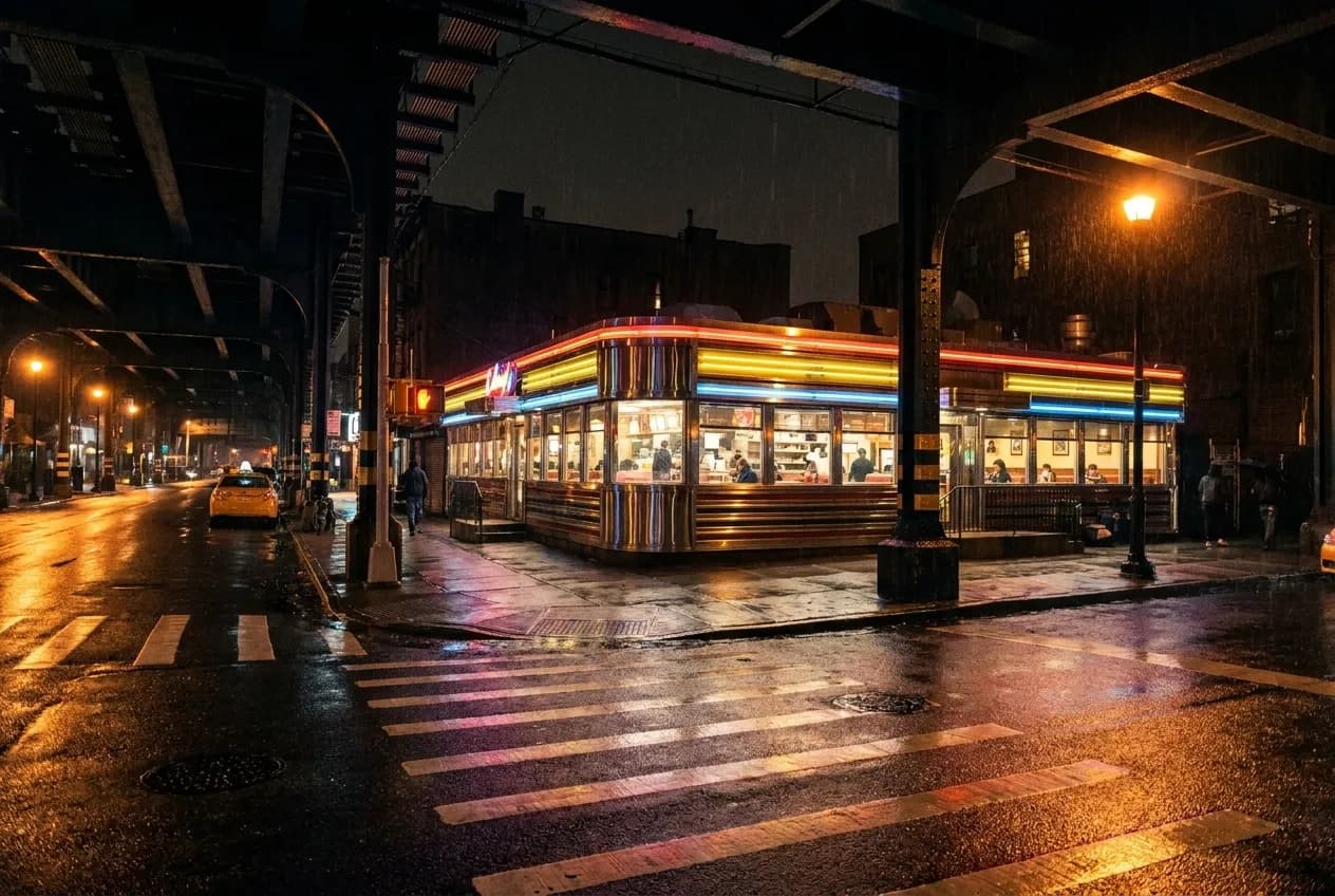 Chrome-trimmed corner diner beneath elevated subway tracks in Long Island City, bright interior lights spilling through wide windows onto an empty industrial street at three in the morning.