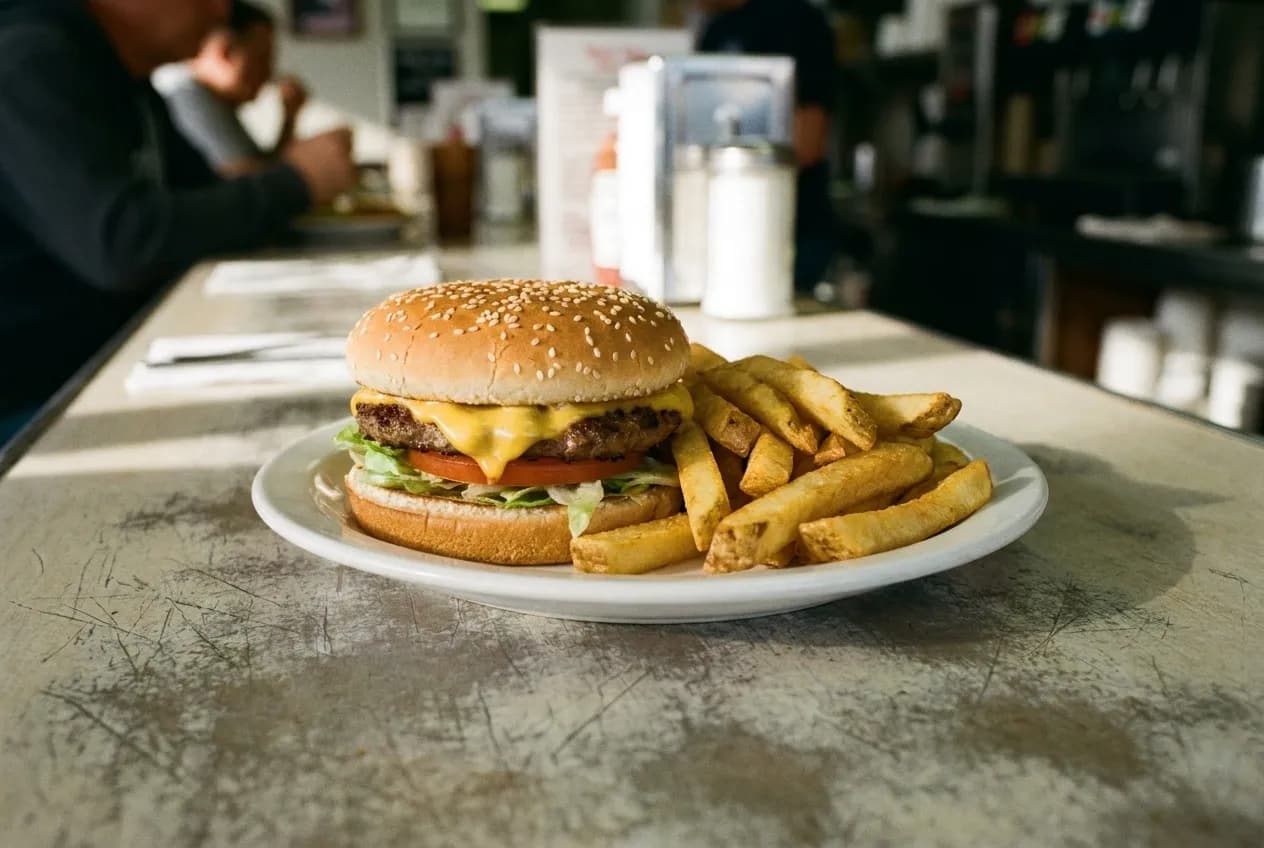 A cheeseburger and a pile of thick-cut fried potatoes on a plain plate on a worn counter