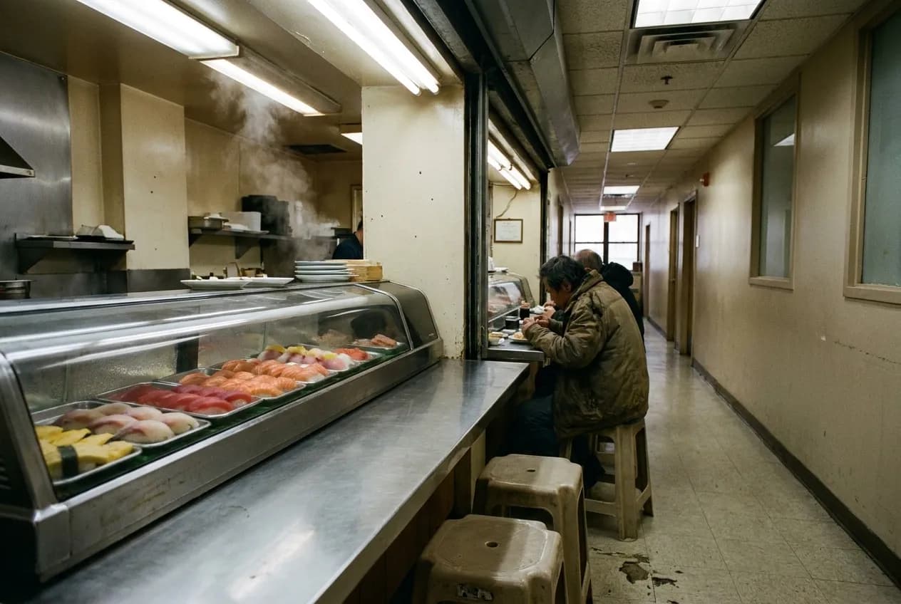Compact sushi counter inside fluorescent-lit office building corridor with stainless-steel prep station, plastic stools, and trays of bright nigiri on display.