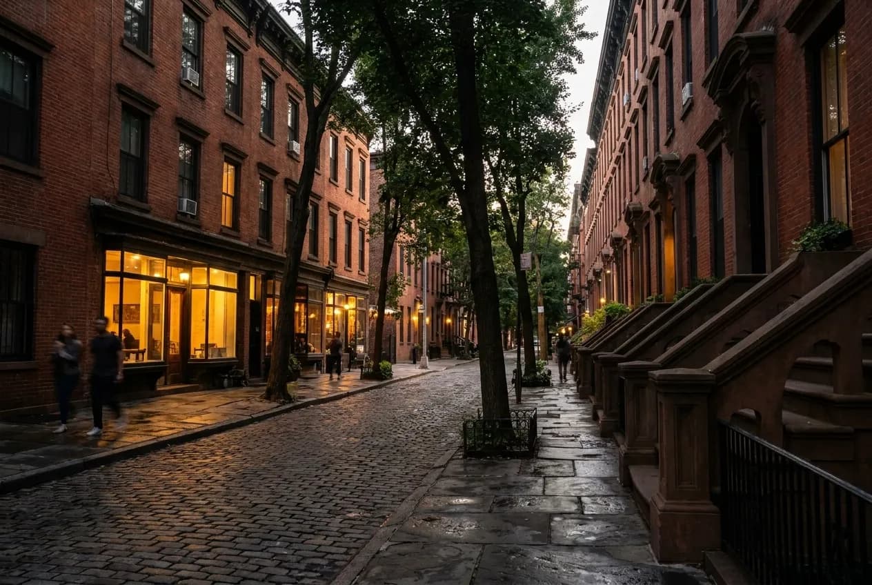 Narrow brownstone-lined Carroll Gardens street at dusk with warm light from storefronts spilling onto quiet sidewalk and parked cars under leafy trees.