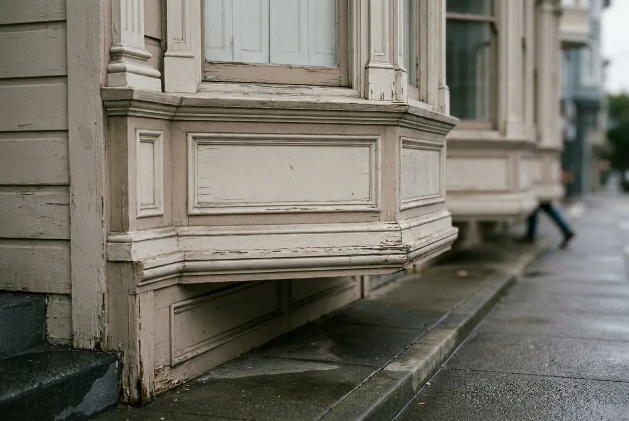 The corner of a painted Victorian facade in flat grey light, layered bay window mouldings and a strip of pavement below
