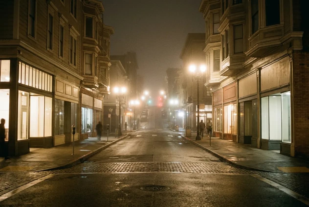 A San Francisco commercial street at night with fog diffusing the light from a row of shopfronts, wet pavement and a steep grade rising in the distance