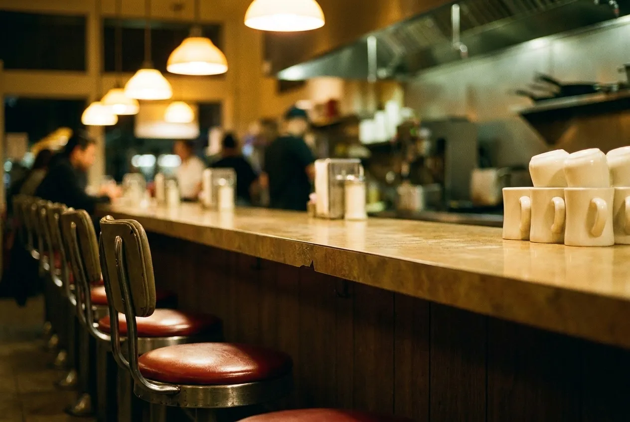 A row of empty stools along a worn counter in a late-night diner, warm overhead lamps and a stack of white cups at the far end
