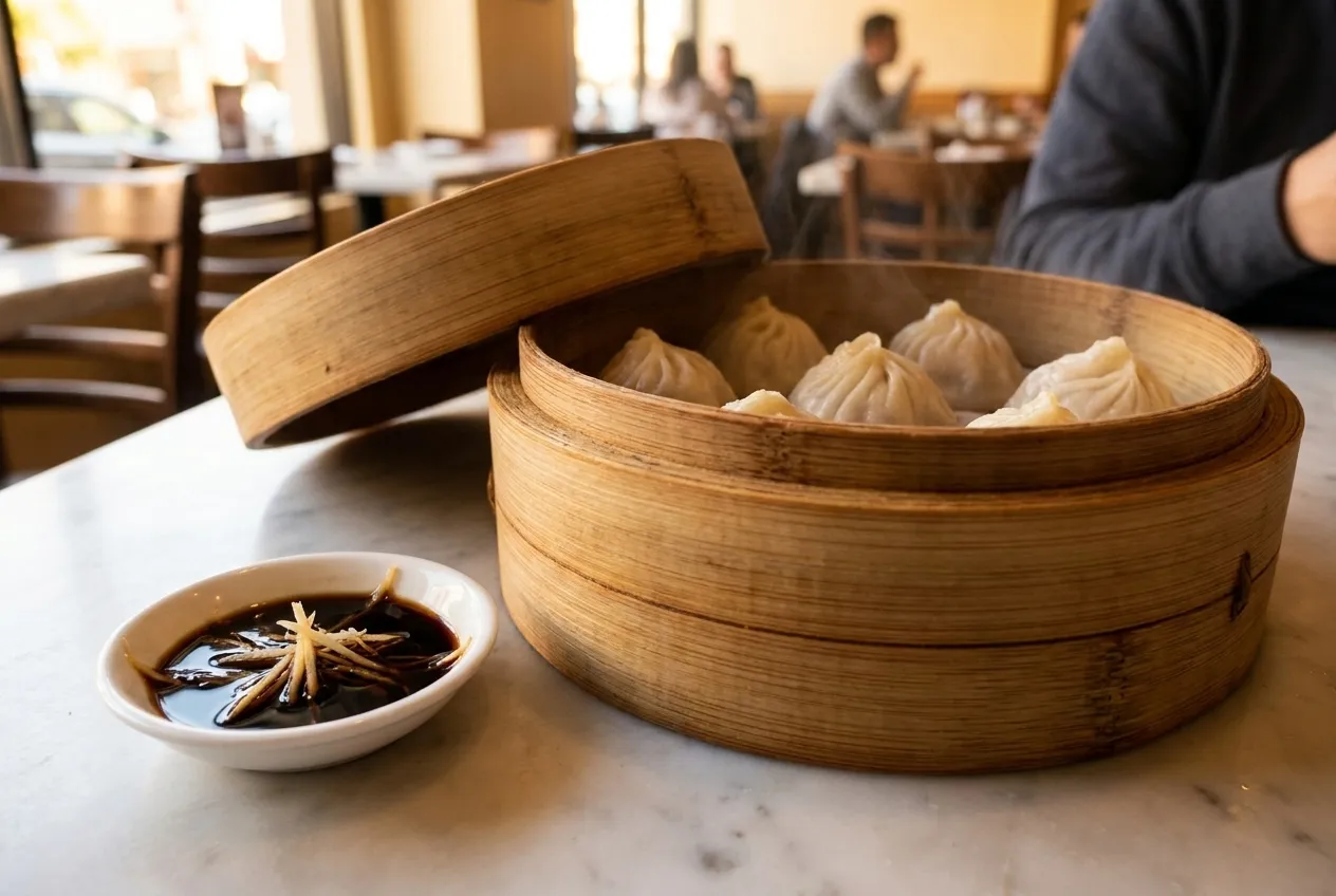 A bamboo steamer of soup dumplings opened on a table beside a small dish of black vinegar