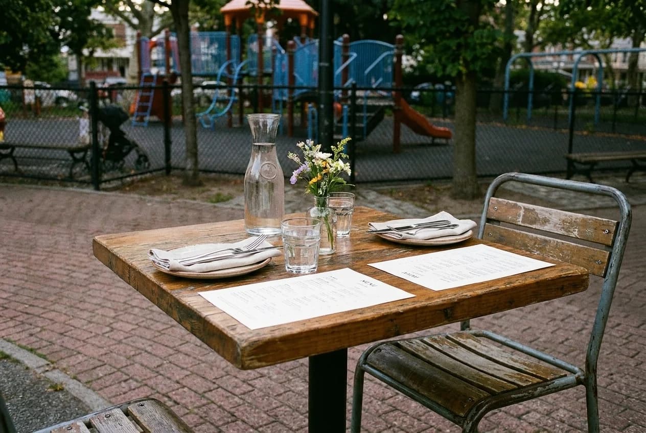 Restaurant table setting with water carafe and menus, showing spacing between table and chairs for wheelchair access