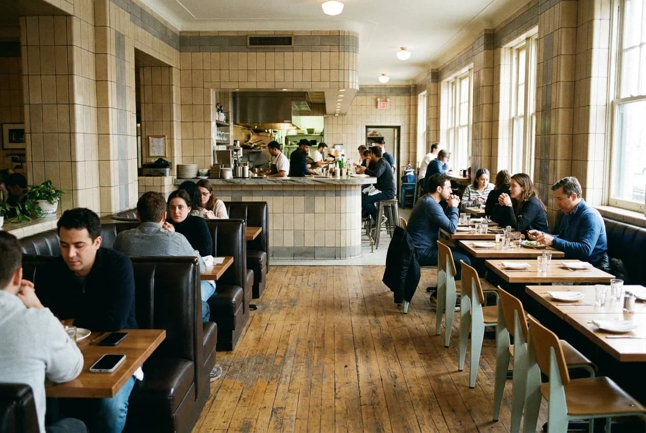 Wide aisle in a restaurant dining room with booth seating on one side and tables on the other, showing clear navigation