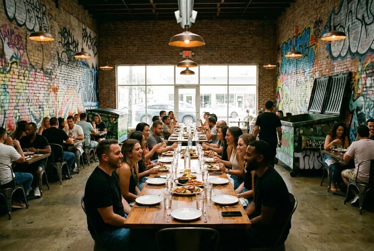 Long communal dining table in Wynwood restaurant with white place settings and pendant lights