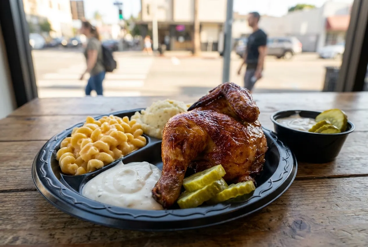 A plate of rotisserie chicken with garlic sauce and pickles