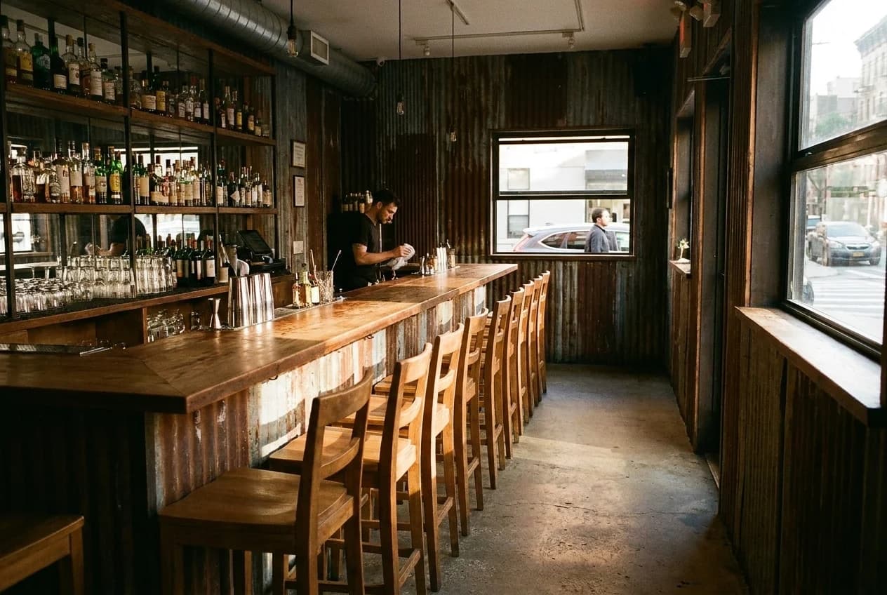 Narrow bar counter with wooden stools and bottles on a quiet Monday afternoon, Lower East Side