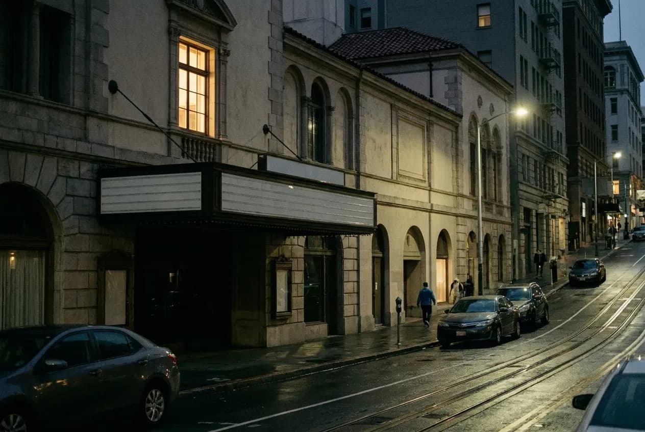 A city street after midnight with bar signage off and one lit window