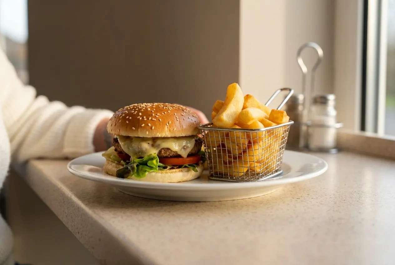 A burger and fries in a basket on a counter