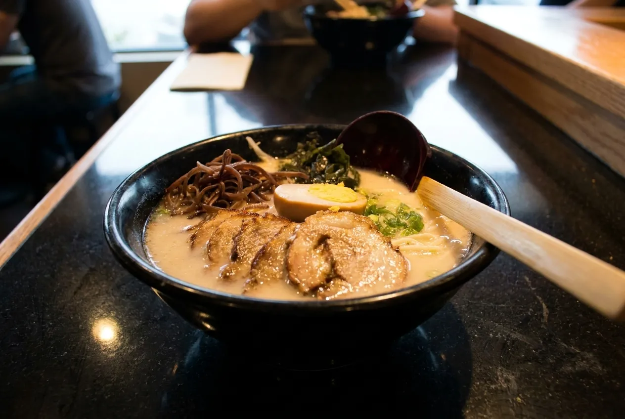 A bowl of ramen with egg and pork on a wooden counter