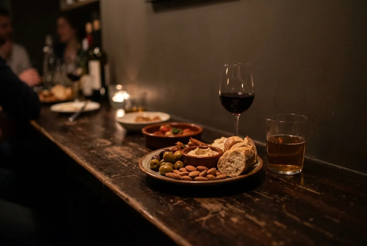 A plate of small shared dishes and glasses on a dimly lit bar counter late at night