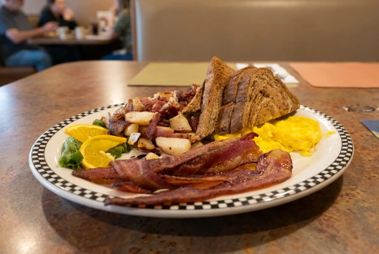 A plate of eggs and hash browns under a diner counter light